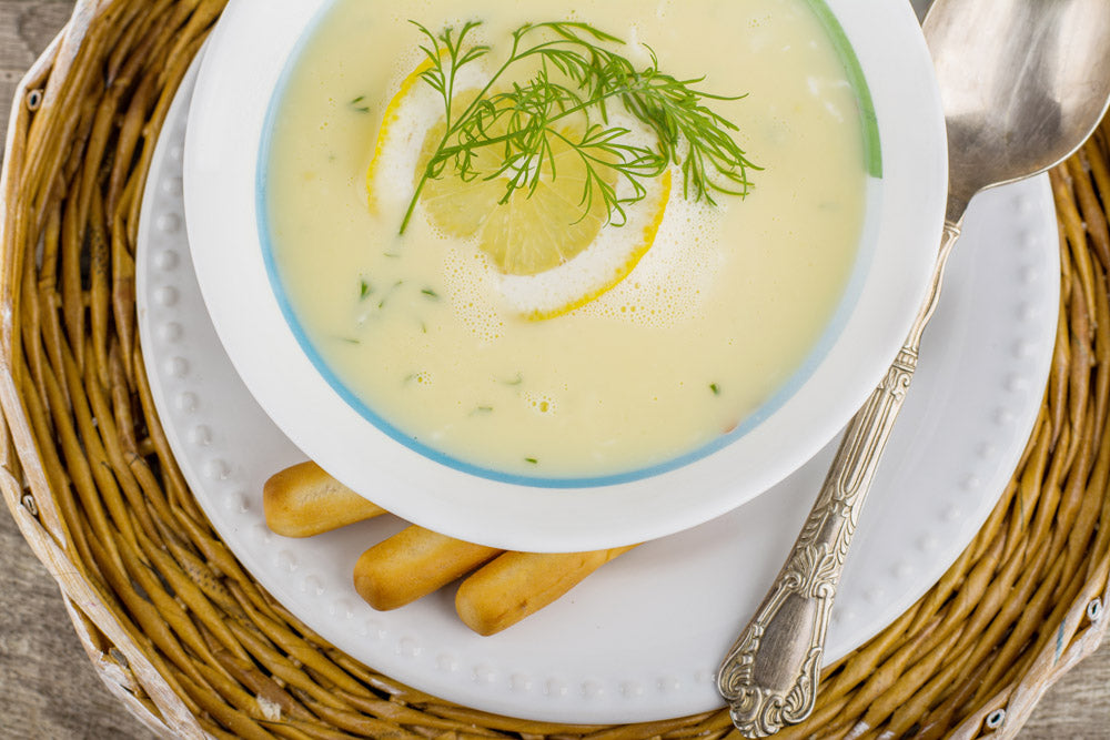 Avgelomono Soup with Baklouti Olive Oil