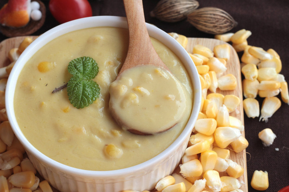 Sweet Corn Bisque with Crispy Fried Shallots & EVOO