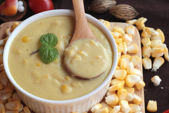 Sweet Corn Bisque with Crispy Fried Shallots & EVOO