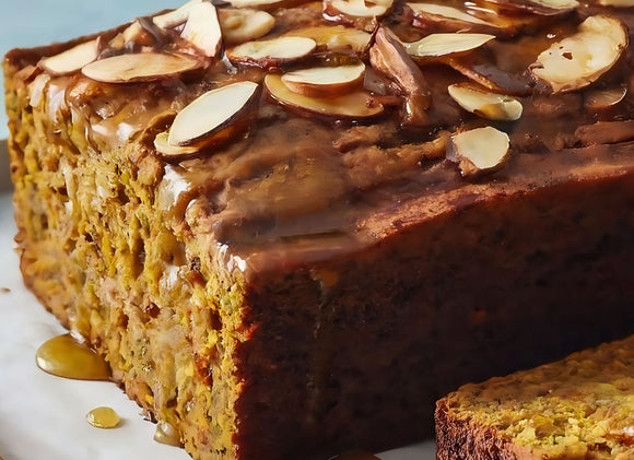 Carrot & Zucchini Gingerbread with Roasted Almond and Honey-Ginger Glaze