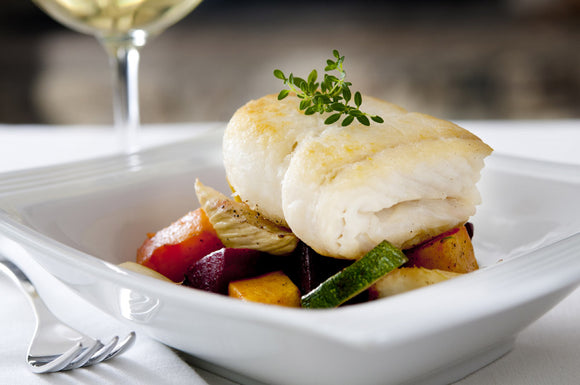 Pan Seared Halibut with warm Marinated Tomato & Baby Squash Salad