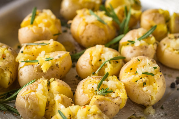 Smashed Potatoes with Garlic Olive Oil